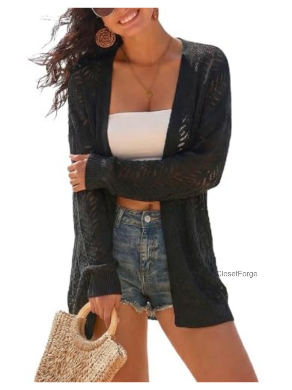Oversized Crochet Linen Blend Cardigan Lightweight Beach Cover Up